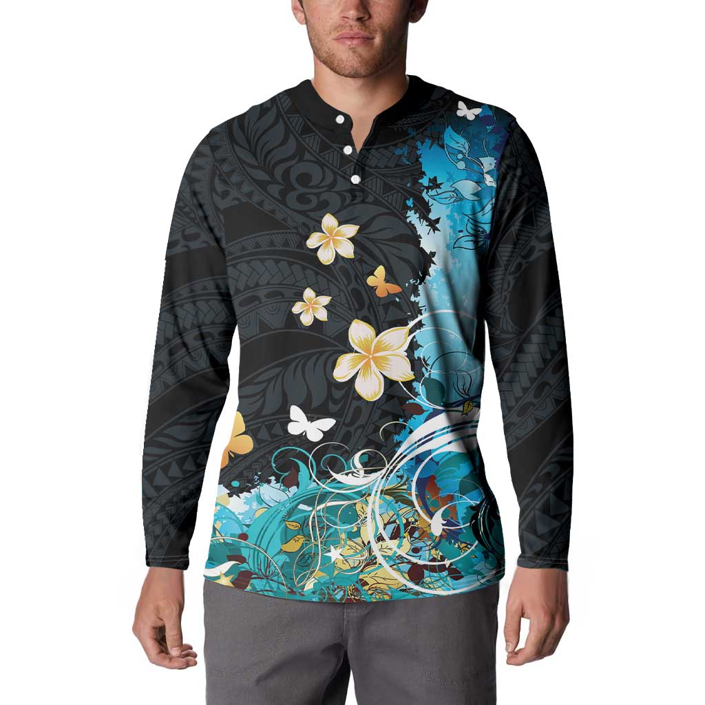 Blue Grunge Polynesian Pattern Button Sweatshirt Plumeria Floral LT01 - Polynesian Pride