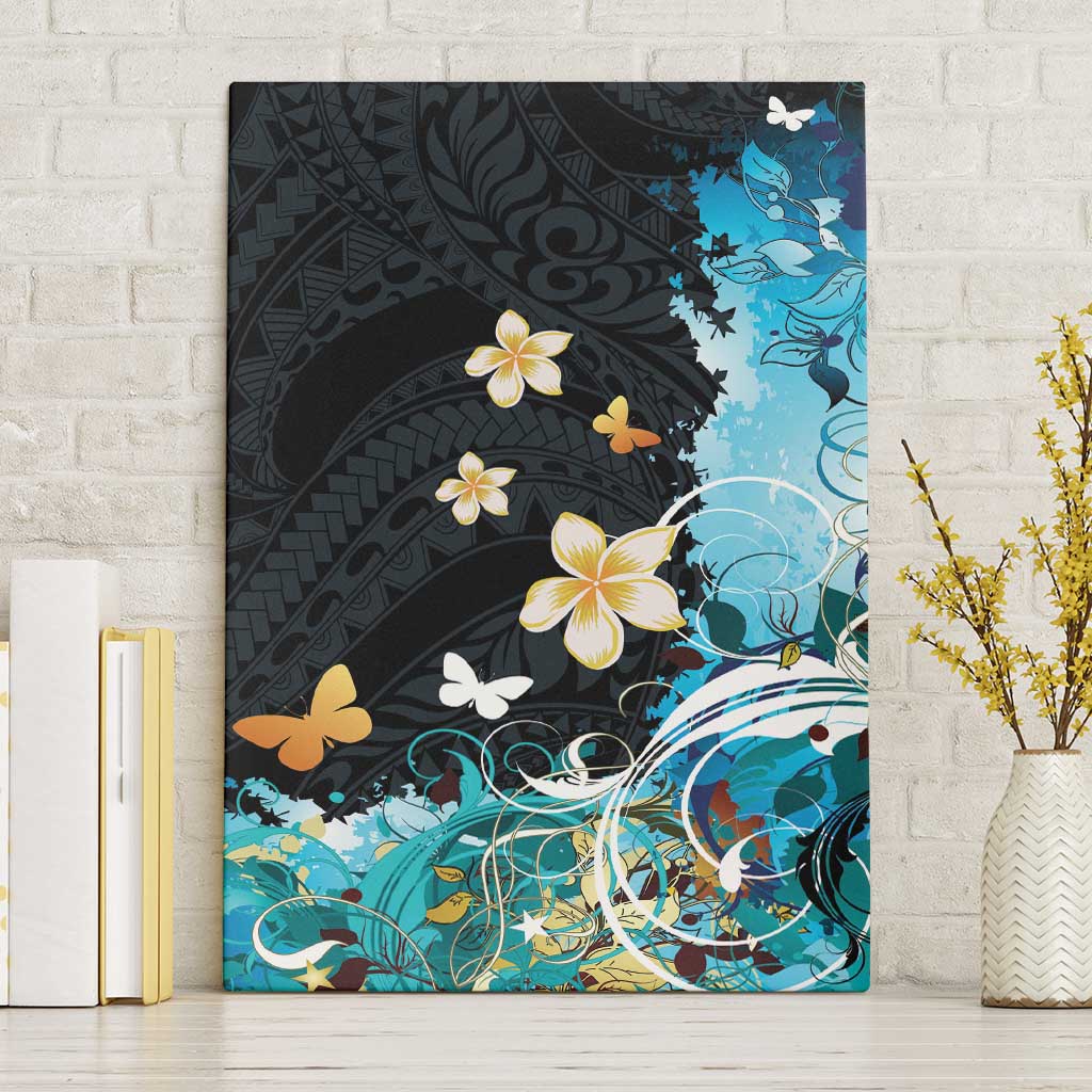 Blue Grunge Polynesian Pattern Canvas Wall Art Plumeria Floral LT01 Without Frame Blue - Polynesian Pride