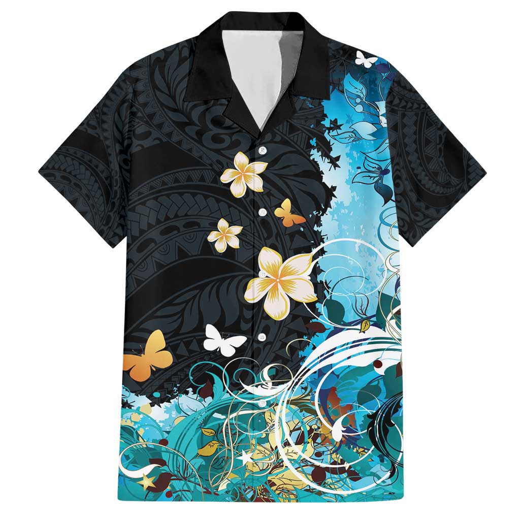 Blue Grunge Polynesian Pattern Hawaiian Shirt Plumeria Floral LT01 Blue - Polynesian Pride