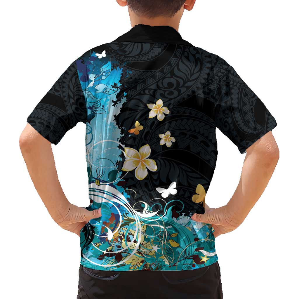 Blue Grunge Polynesian Pattern Hawaiian Shirt Plumeria Floral LT01 - Polynesian Pride