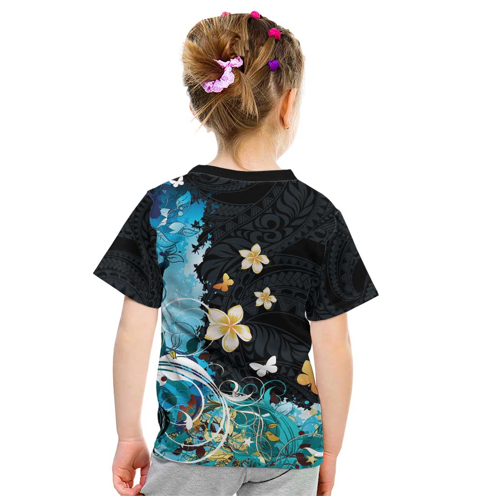 Blue Grunge Polynesian Pattern Kid T Shirt Plumeria Floral LT01 - Polynesian Pride