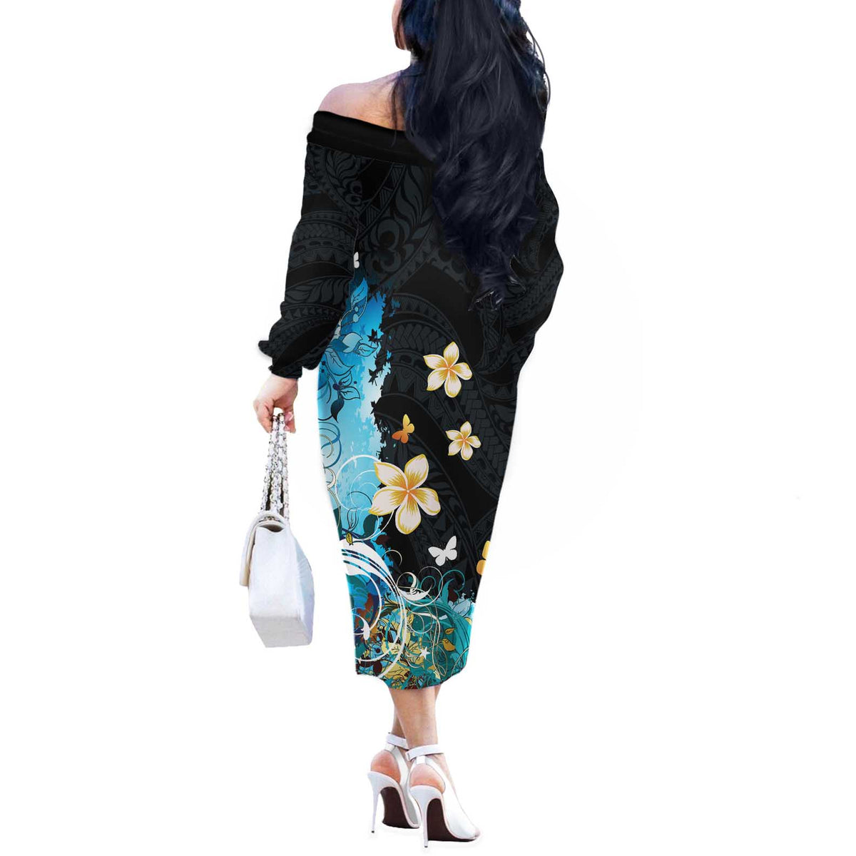 Blue Grunge Polynesian Pattern Off The Shoulder Long Sleeve Dress Plumeria Floral LT01 - Polynesian Pride