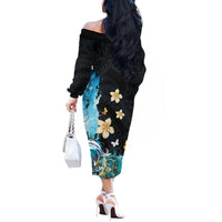 Blue Grunge Polynesian Pattern Off The Shoulder Long Sleeve Dress Plumeria Floral LT01 - Polynesian Pride