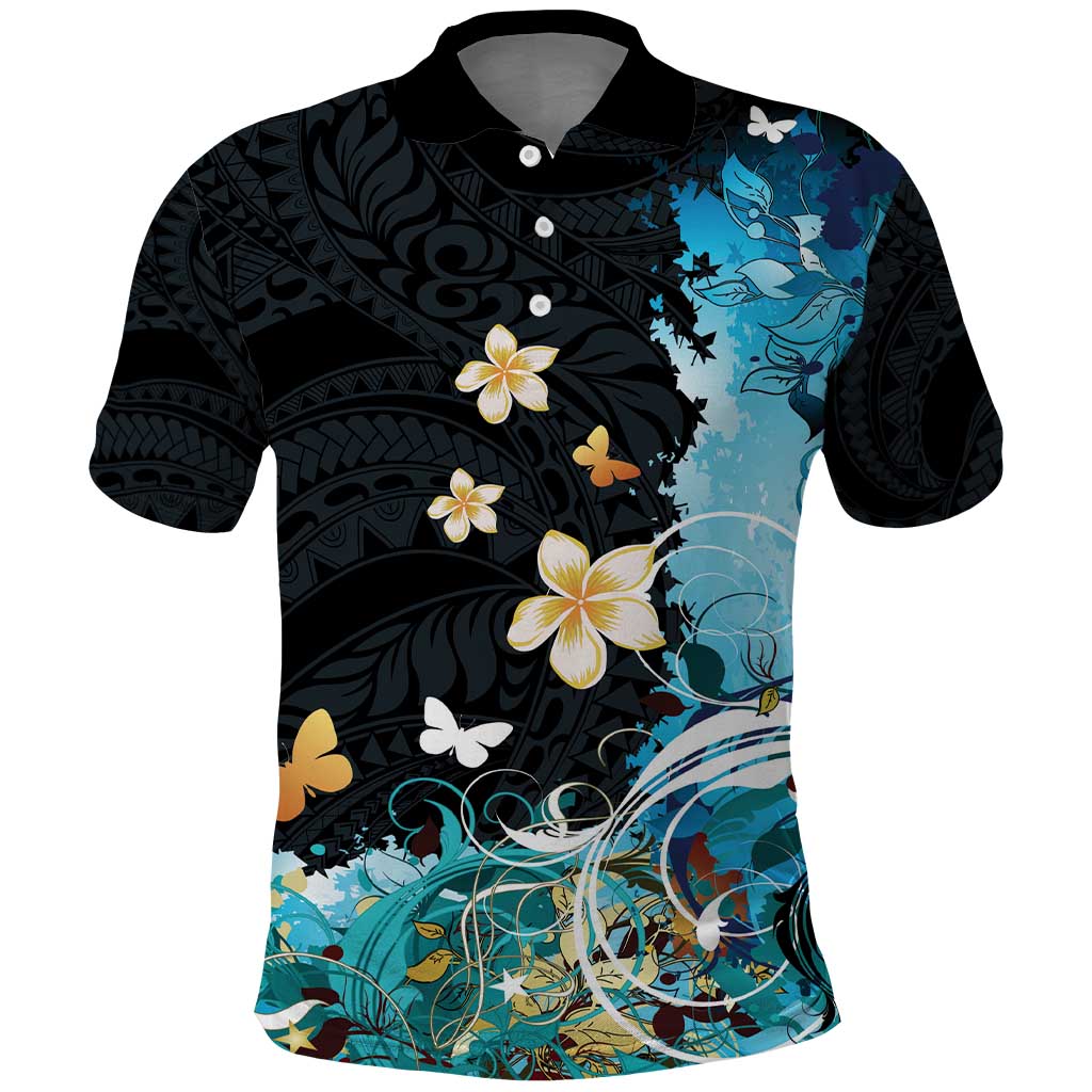 Blue Grunge Polynesian Pattern Polo Shirt Plumeria Floral LT01 Blue - Polynesian Pride