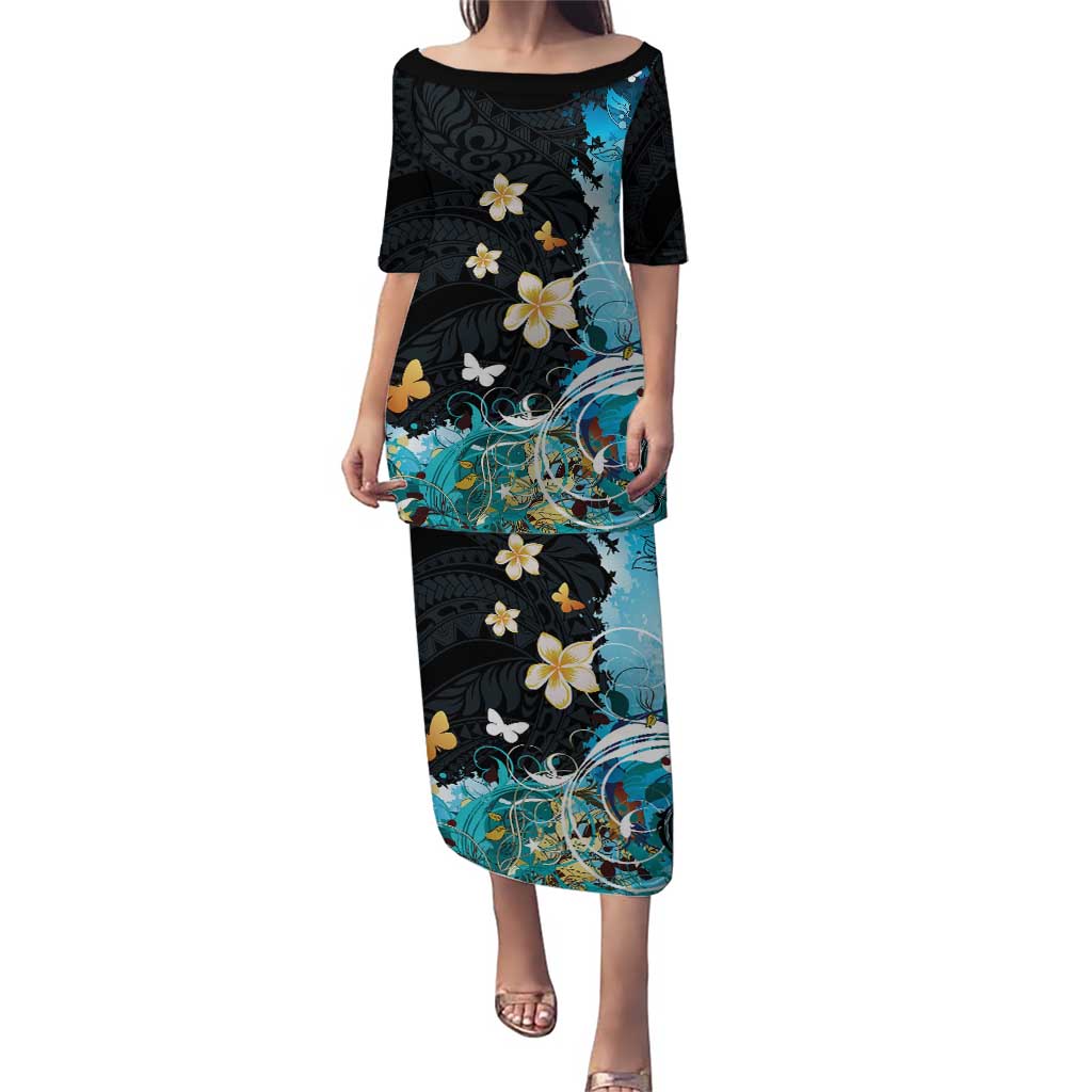 Blue Grunge Polynesian Pattern Puletasi Plumeria Floral LT01 Long Dress Blue - Polynesian Pride