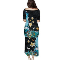 Blue Grunge Polynesian Pattern Puletasi Plumeria Floral LT01 - Polynesian Pride