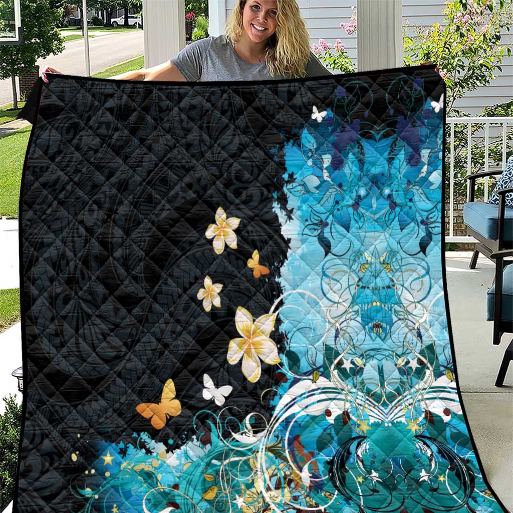 Blue Grunge Polynesian Pattern Quilt Plumeria Floral LT01 Blue - Polynesian Pride