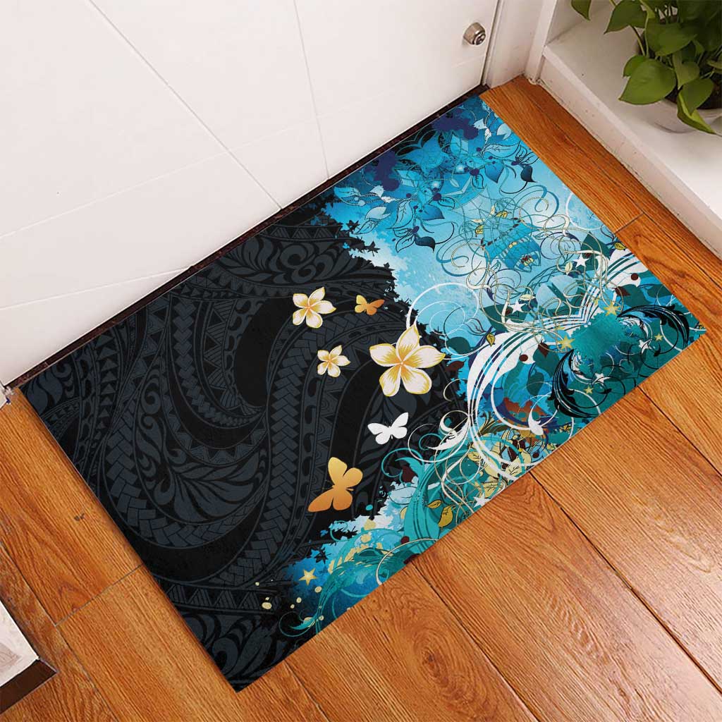 Blue Grunge Polynesian Pattern Rubber Doormat Plumeria Floral LT01 - Polynesian Pride