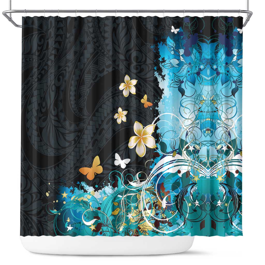 Blue Grunge Polynesian Pattern Shower Curtain Plumeria Floral LT01 Blue - Polynesian Pride
