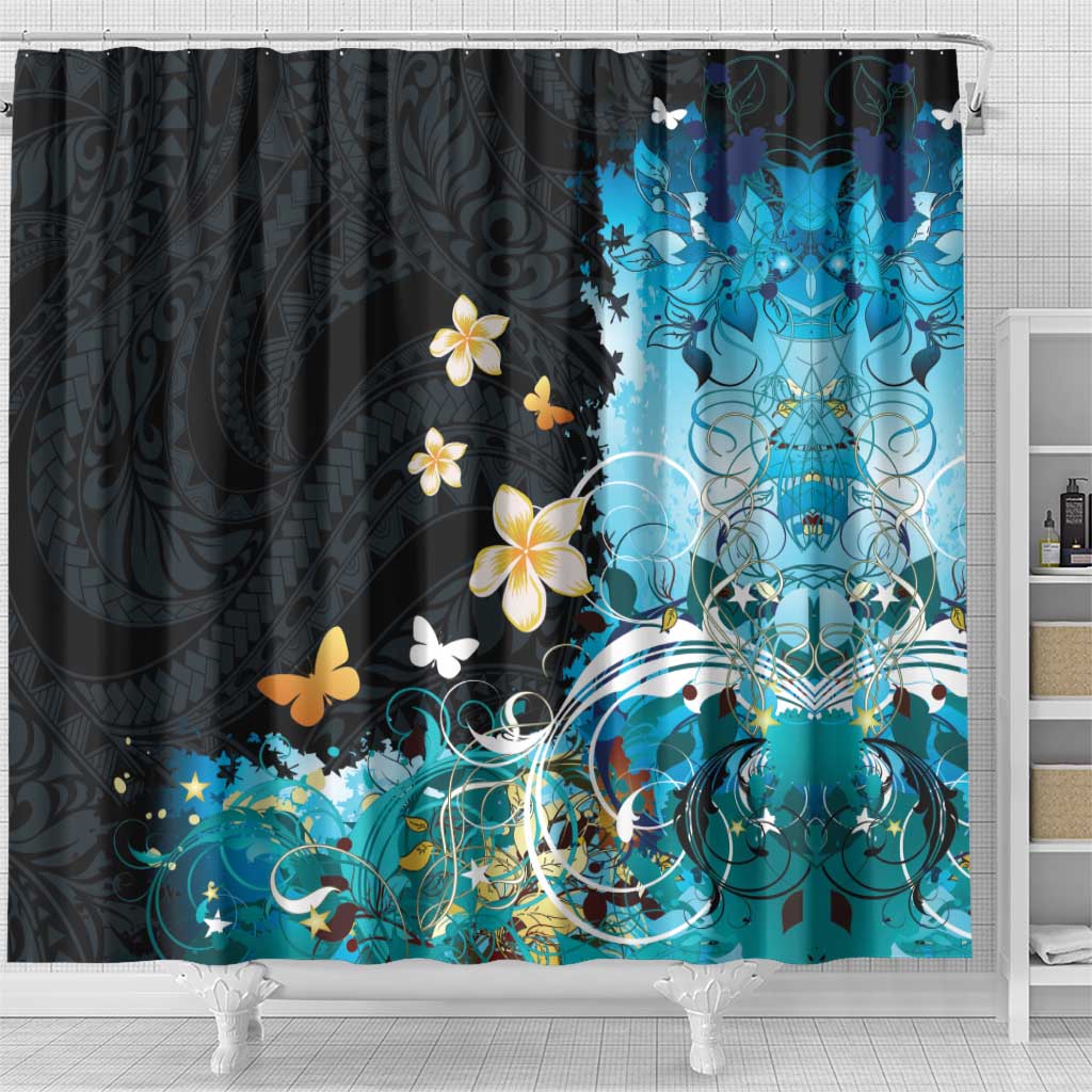 Blue Grunge Polynesian Pattern Shower Curtain Plumeria Floral LT01 - Polynesian Pride