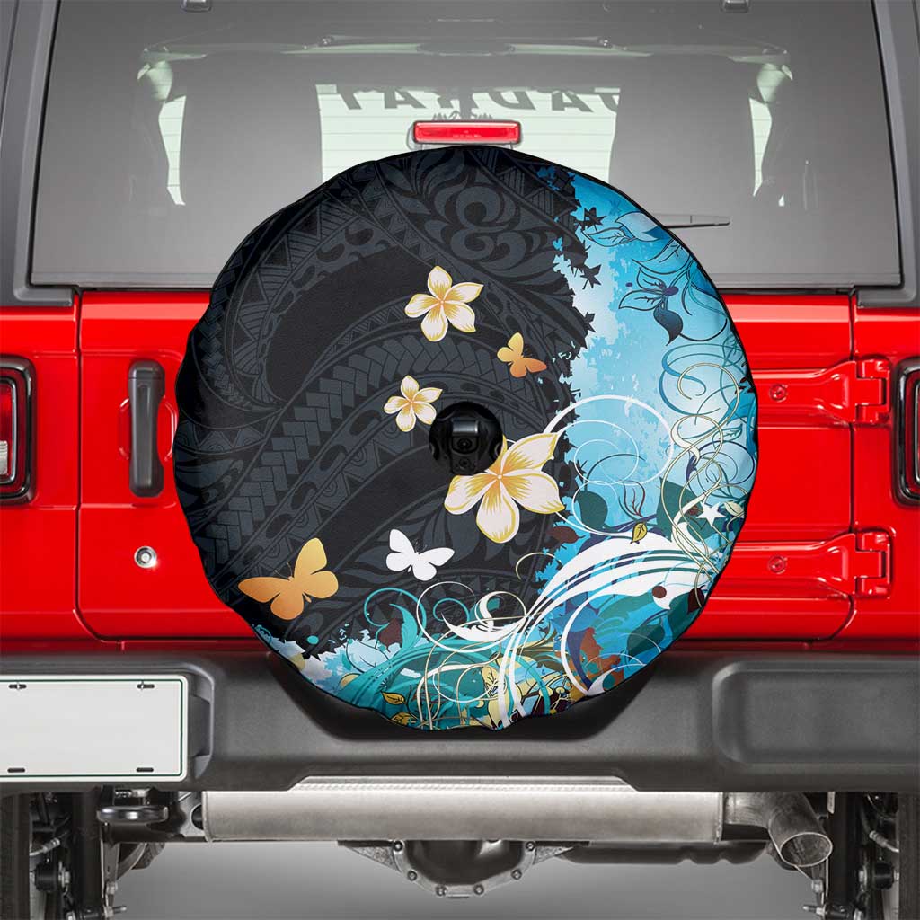 Blue Grunge Polynesian Pattern Spare Tire Cover Plumeria Floral LT01 - Polynesian Pride