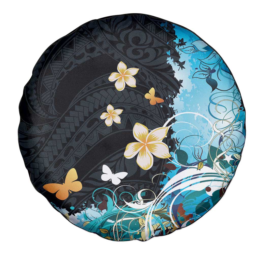 Blue Grunge Polynesian Pattern Spare Tire Cover Plumeria Floral LT01 - Polynesian Pride