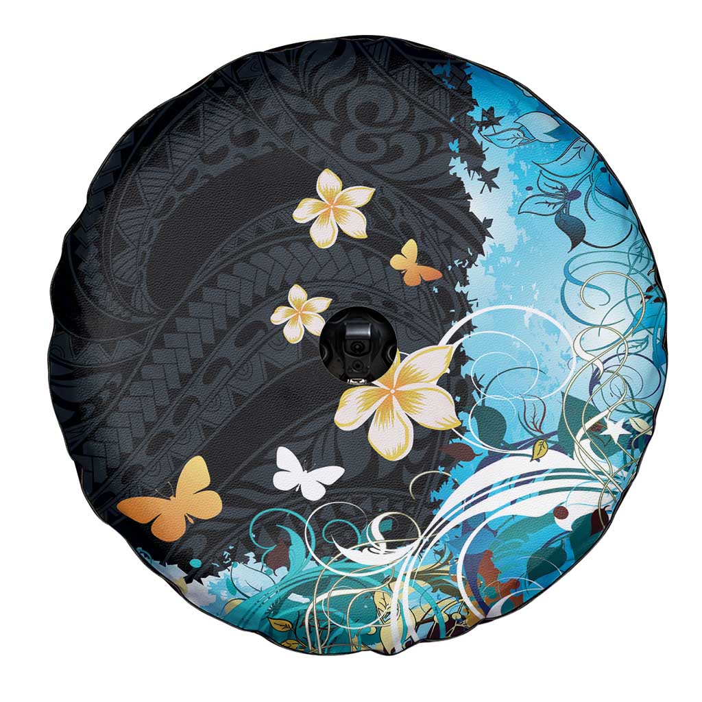 Blue Grunge Polynesian Pattern Spare Tire Cover Plumeria Floral LT01 - Polynesian Pride