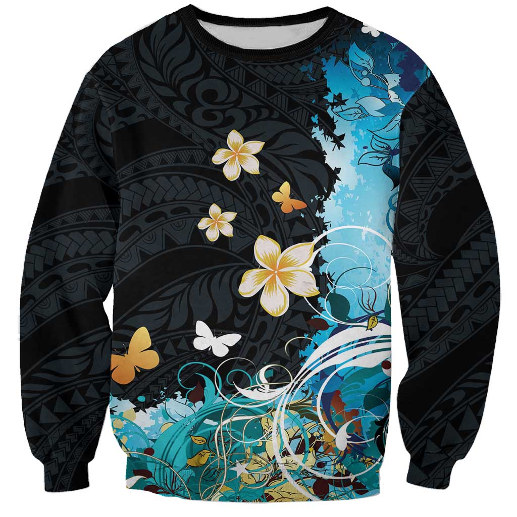 Blue Grunge Polynesian Pattern Sweatshirt Plumeria Floral LT01 Unisex Blue - Polynesian Pride