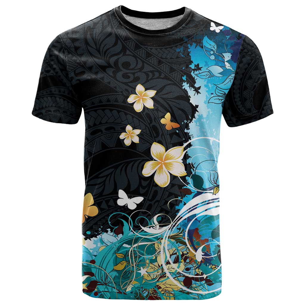 Blue Grunge Polynesian Pattern T Shirt Plumeria Floral LT01 Blue - Polynesian Pride