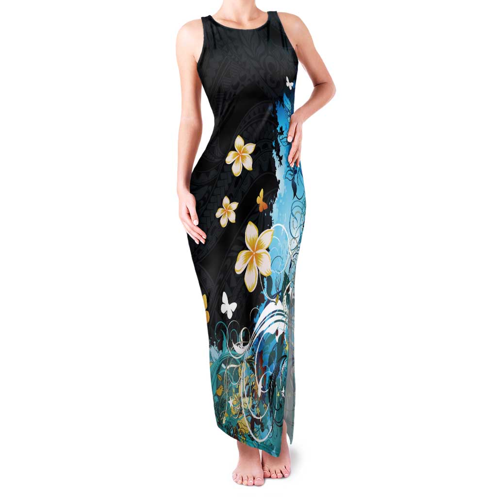 Blue Grunge Polynesian Pattern Tank Maxi Dress Plumeria Floral LT01 Women Blue - Polynesian Pride
