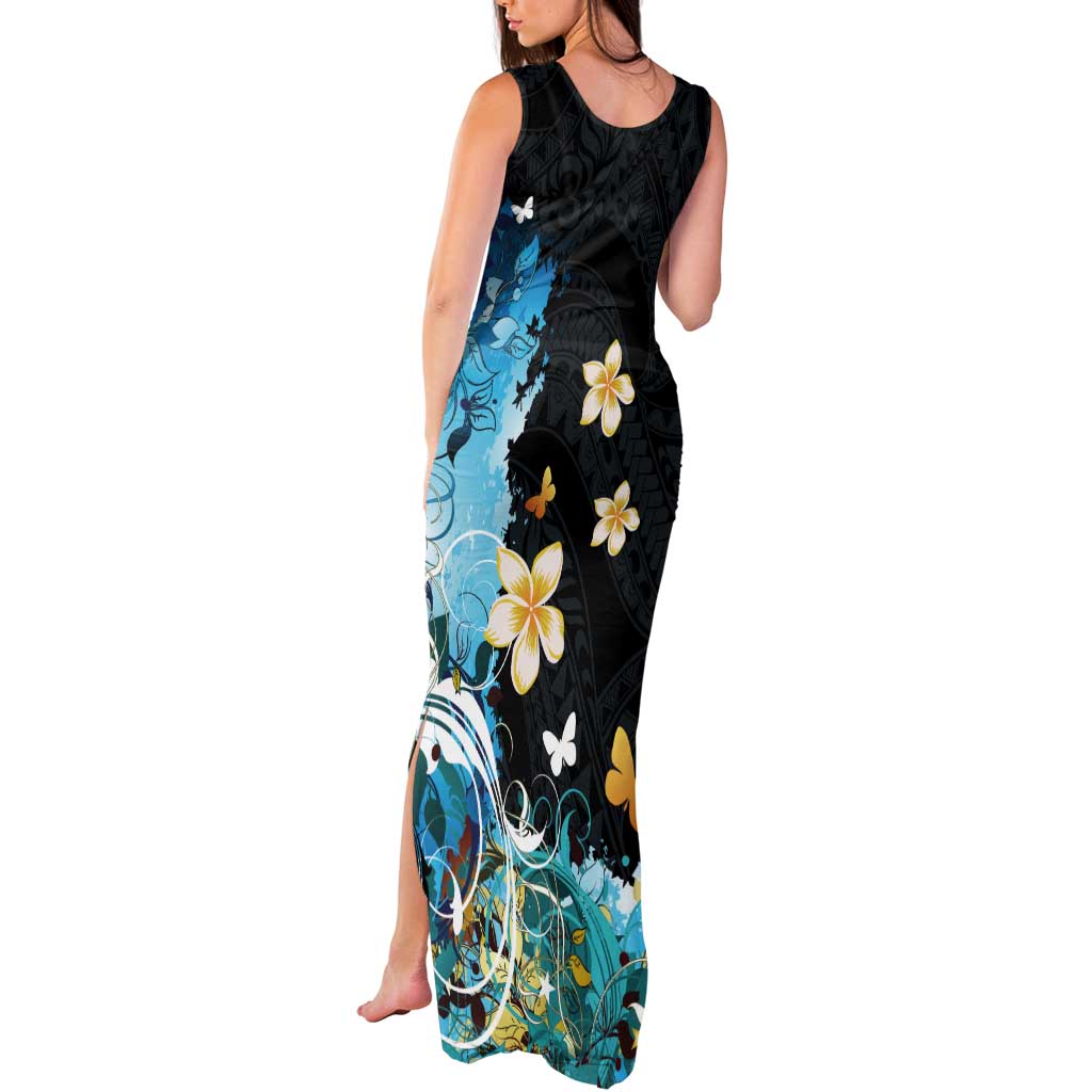Blue Grunge Polynesian Pattern Tank Maxi Dress Plumeria Floral LT01 - Polynesian Pride