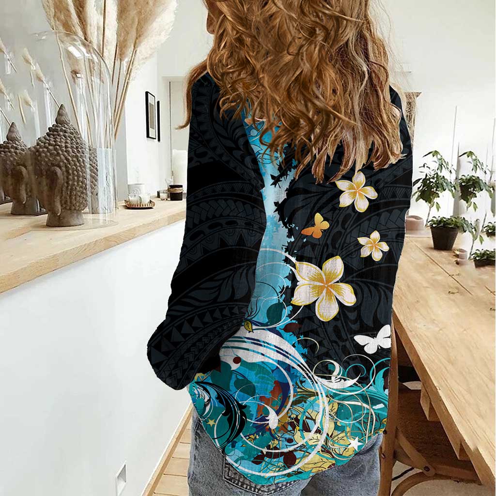 Blue Grunge Polynesian Pattern Women Casual Shirt Plumeria Floral LT01 - Polynesian Pride