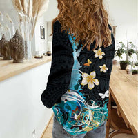 Blue Grunge Polynesian Pattern Women Casual Shirt Plumeria Floral LT01 - Polynesian Pride