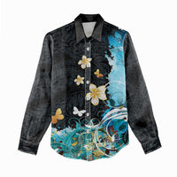Blue Grunge Polynesian Pattern Women Casual Shirt Plumeria Floral LT01 - Polynesian Pride