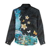 Blue Grunge Polynesian Pattern Women Casual Shirt Plumeria Floral LT01 - Polynesian Pride