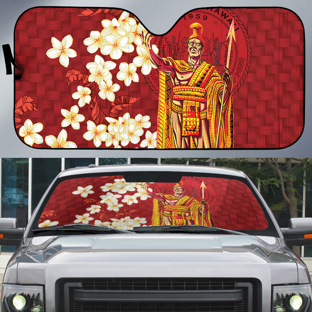 Hawaii King Kamehameha Auto Sun Shade Plumeria Lauhala Pattern LT01 Red - Polynesian Pride