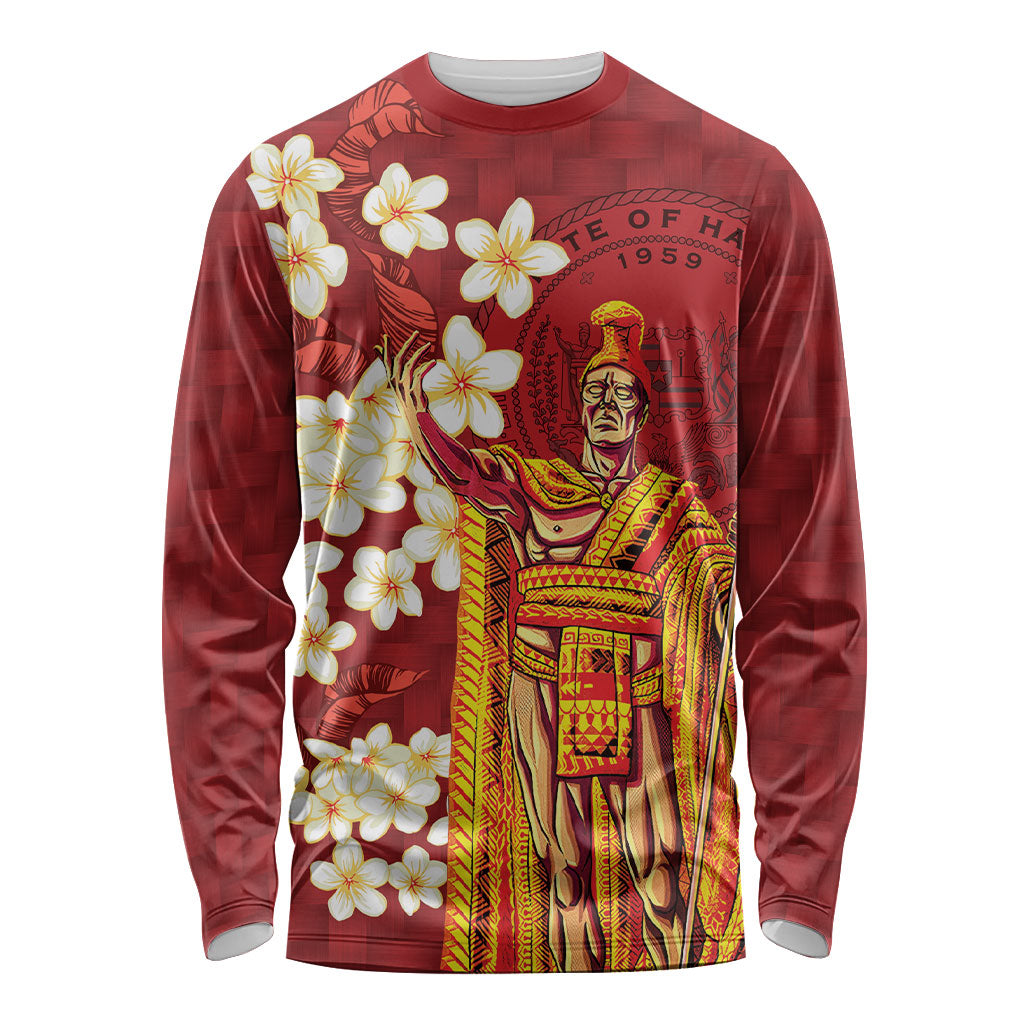 Hawaii King Kamehameha Long Sleeve Shirt Plumeria Lauhala Pattern LT01 Unisex Red - Polynesian Pride