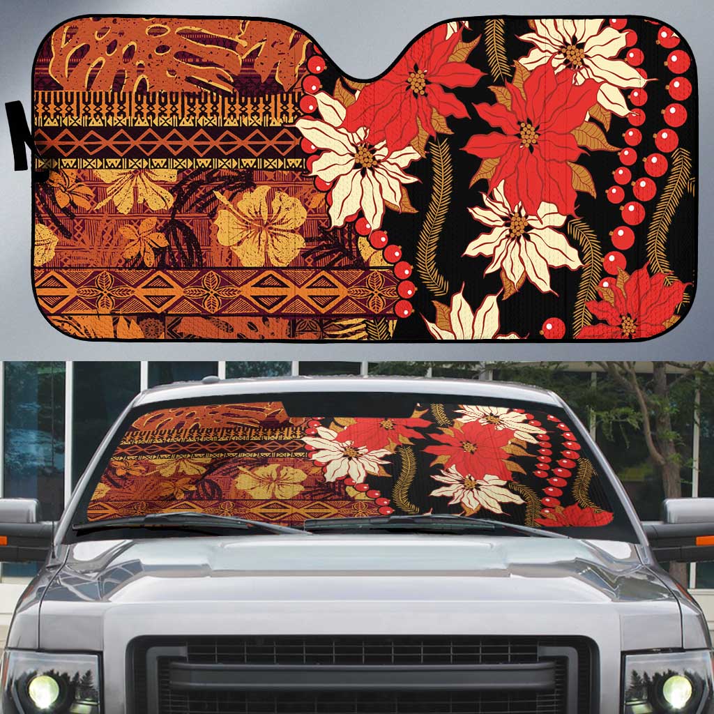 Hawaii Christmas Poinsettia Lei Auto Sun Shade Tapa Pattern LT01 Brown - Polynesian Pride