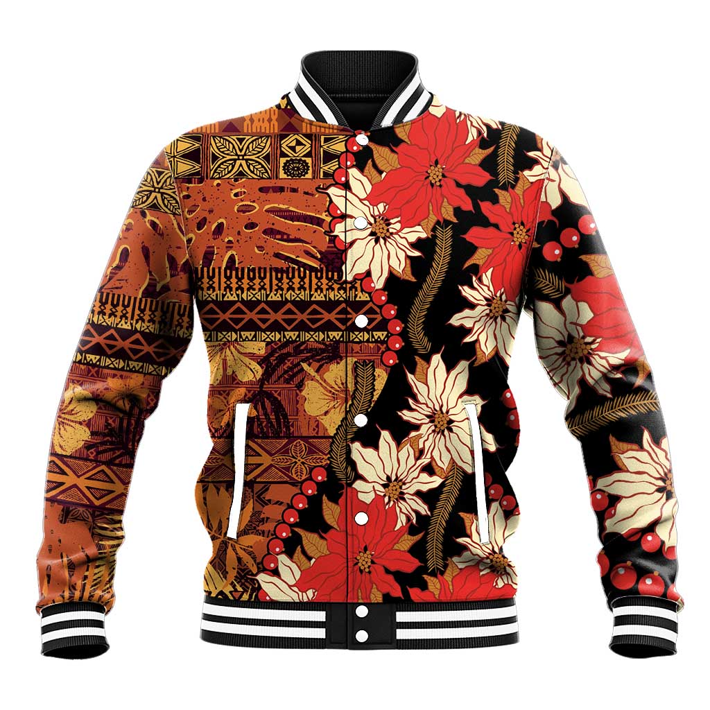 Hawaii Christmas Poinsettia Lei Baseball Jacket Tapa Pattern LT01 Unisex Brown - Polynesian Pride