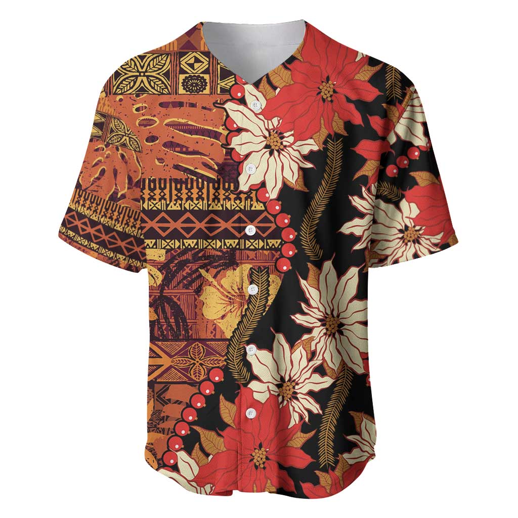 Hawaii Christmas Poinsettia Lei Baseball Jersey Tapa Pattern LT01 Brown - Polynesian Pride