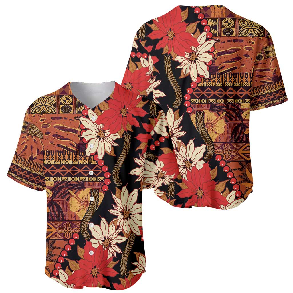 Hawaii Christmas Poinsettia Lei Baseball Jersey Tapa Pattern LT01 - Polynesian Pride