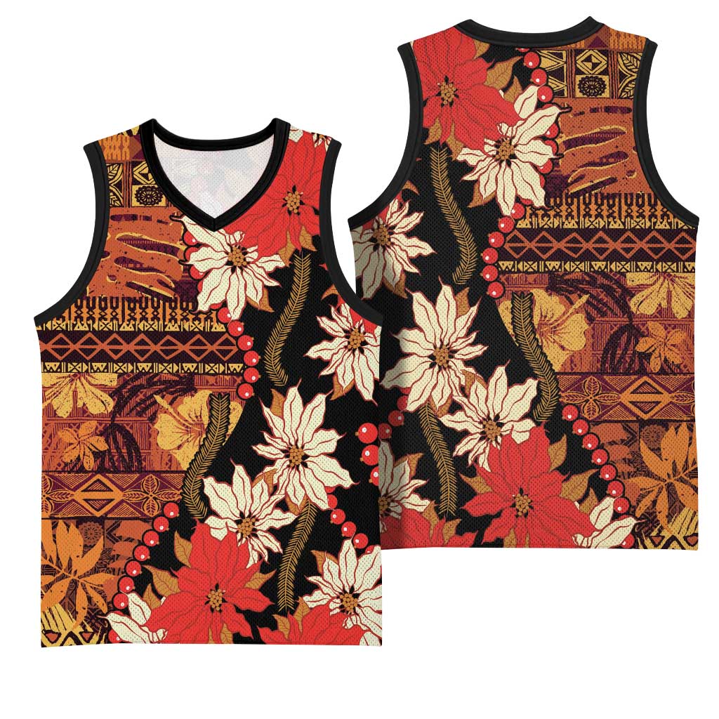 Hawaii Christmas Poinsettia Lei Basketball Jersey Tapa Pattern LT01 - Polynesian Pride