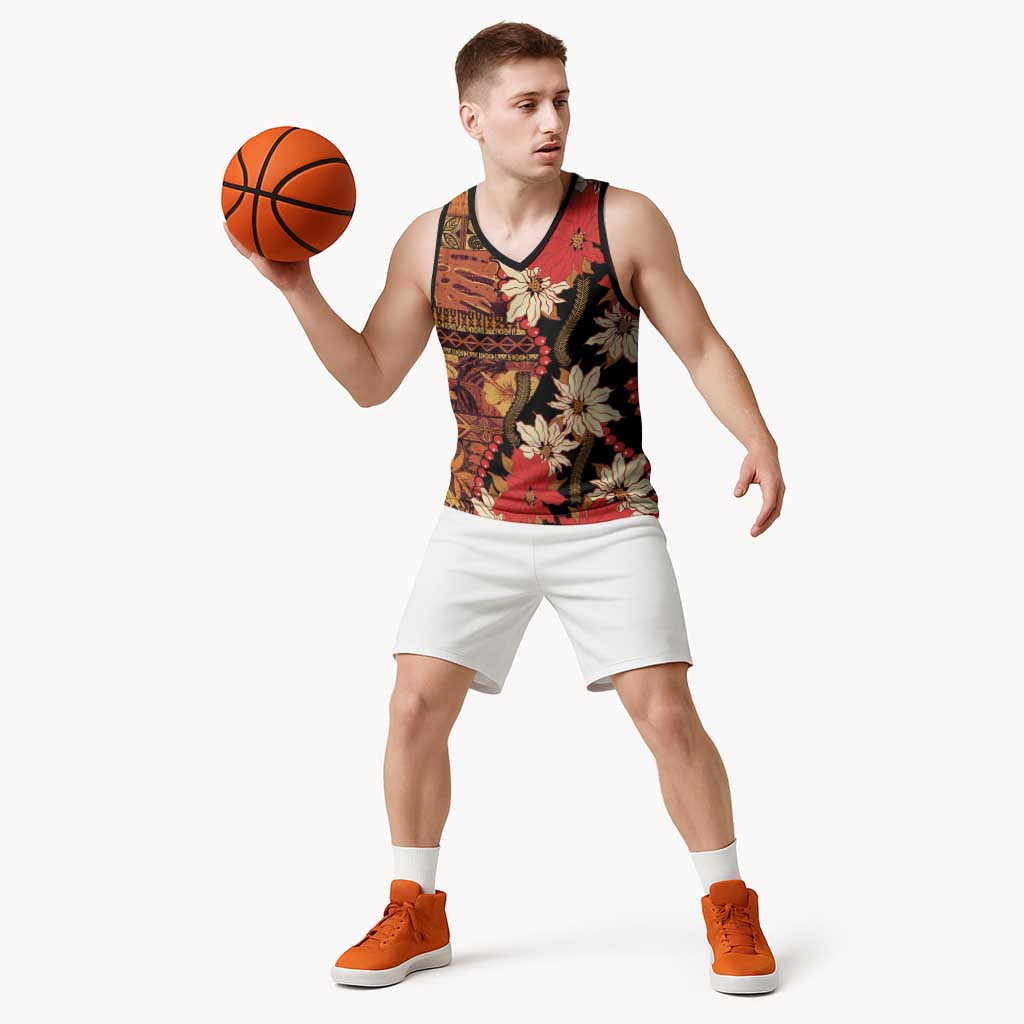 Hawaii Christmas Poinsettia Lei Basketball Jersey Tapa Pattern LT01 - Polynesian Pride
