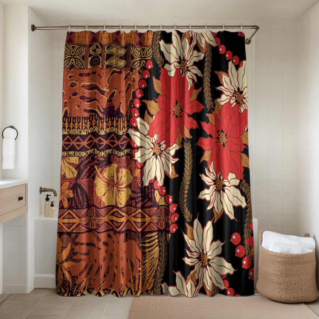 Hawaii Christmas Poinsettia Lei Bathroom Set Tapa Pattern LT01 Shower Curtain Only Brown - Polynesian Pride