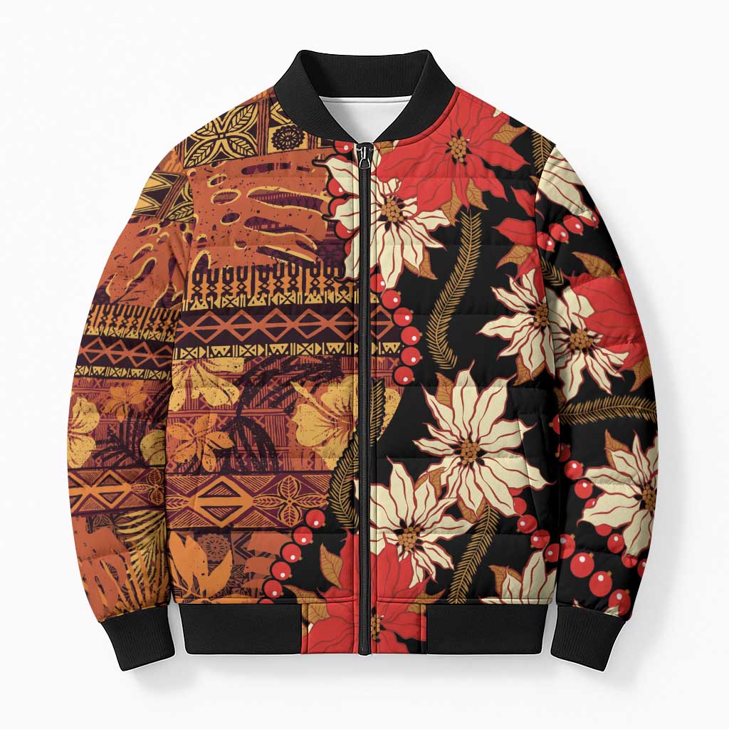 Hawaii Christmas Poinsettia Lei Bomber Puffer Jacket Tapa Pattern LT01 Unisex Brown - Polynesian Pride
