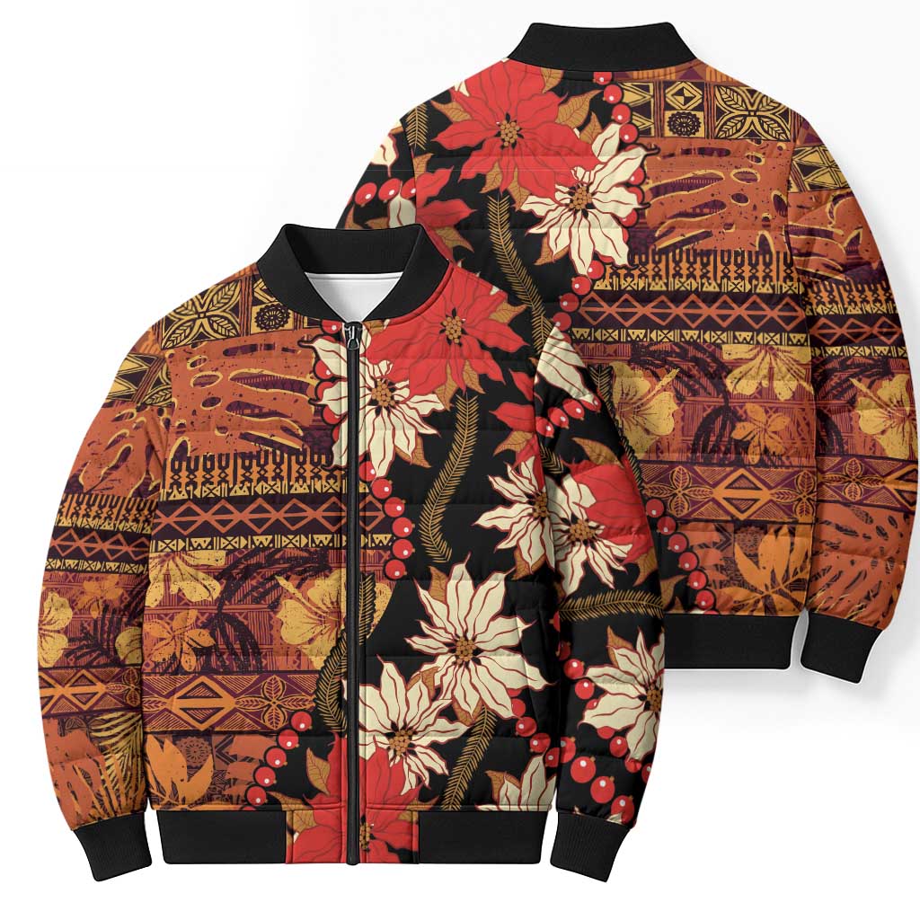 Hawaii Christmas Poinsettia Lei Bomber Puffer Jacket Tapa Pattern LT01 - Polynesian Pride