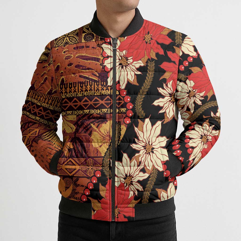 Hawaii Christmas Poinsettia Lei Bomber Puffer Jacket Tapa Pattern LT01 - Polynesian Pride