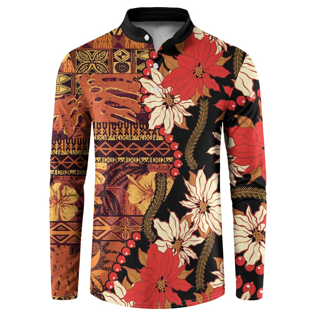 Hawaii Christmas Poinsettia Lei Button Sweatshirt Tapa Pattern LT01 Brown - Polynesian Pride