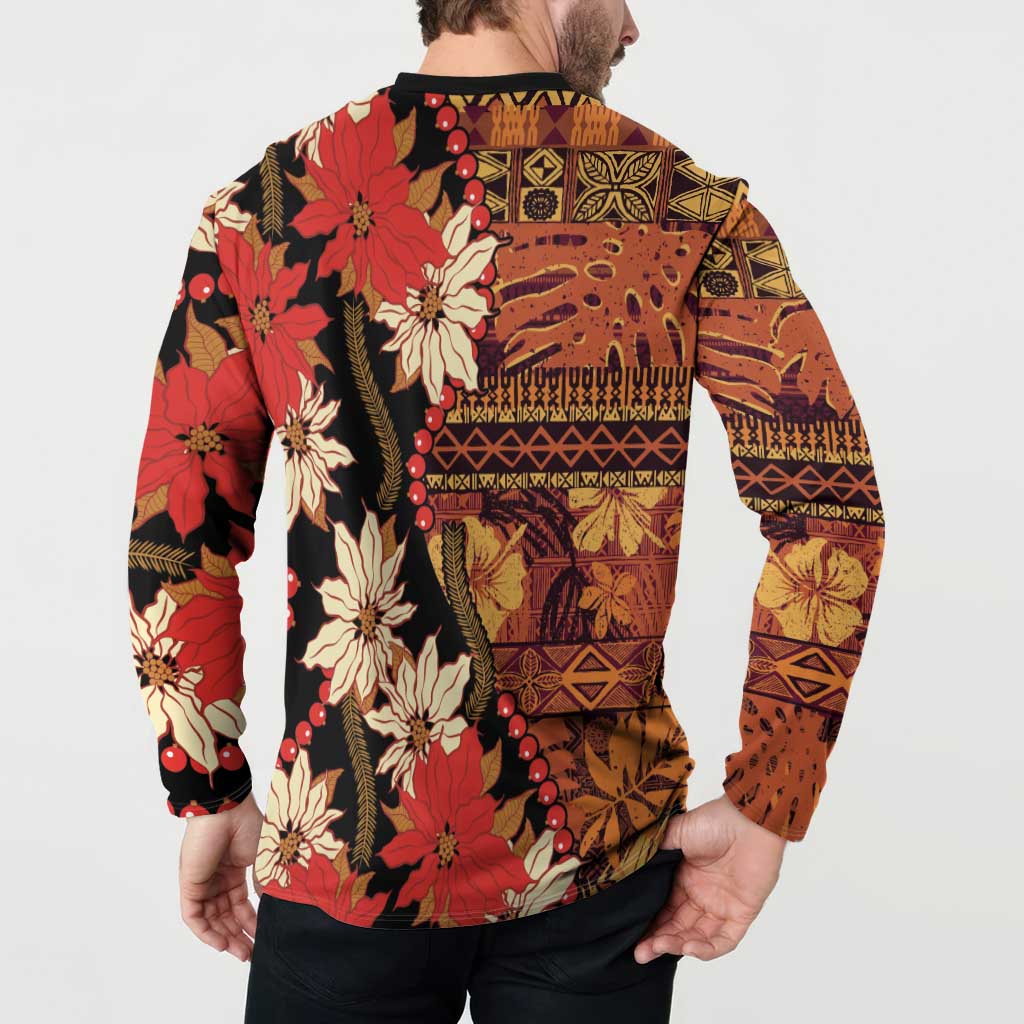 Hawaii Christmas Poinsettia Lei Button Sweatshirt Tapa Pattern LT01 - Polynesian Pride