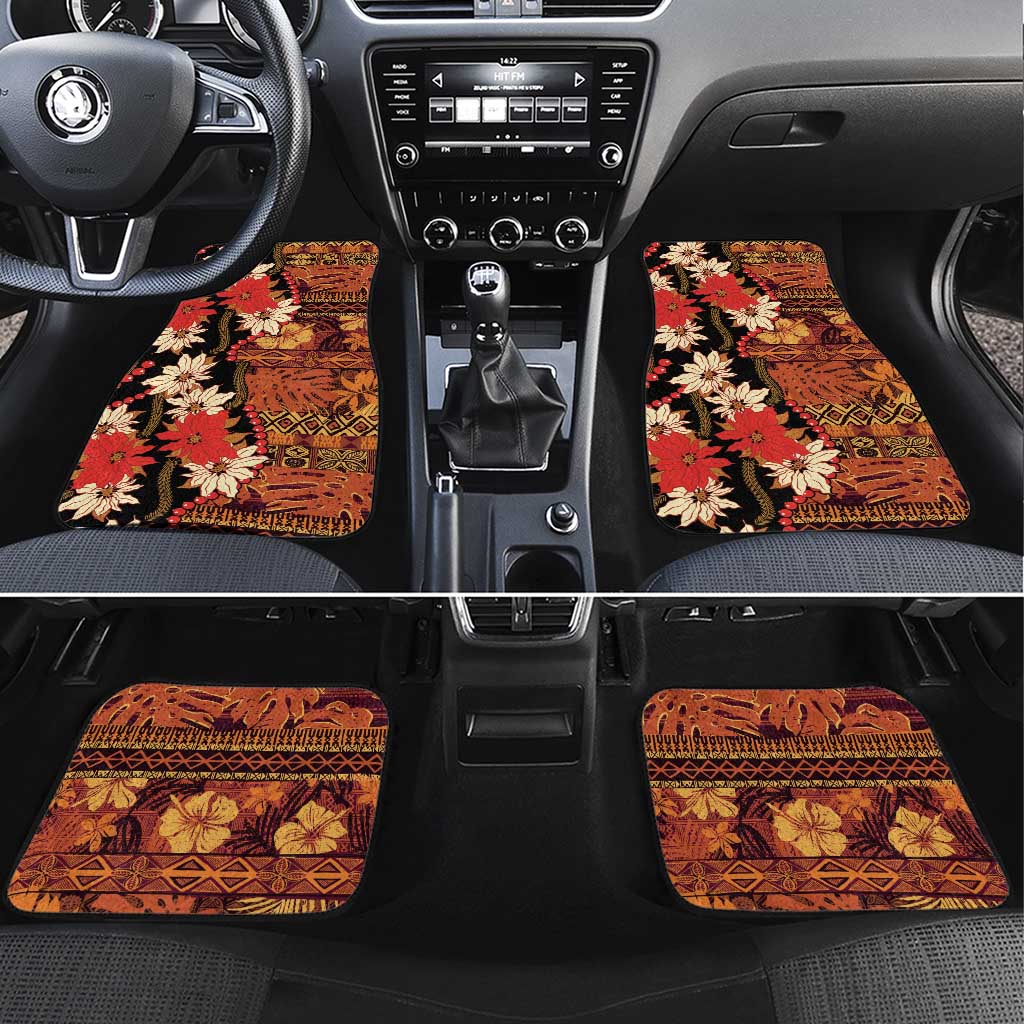 Hawaii Christmas Poinsettia Lei Car Mats Tapa Pattern LT01 Set 4pcs Brown - Polynesian Pride