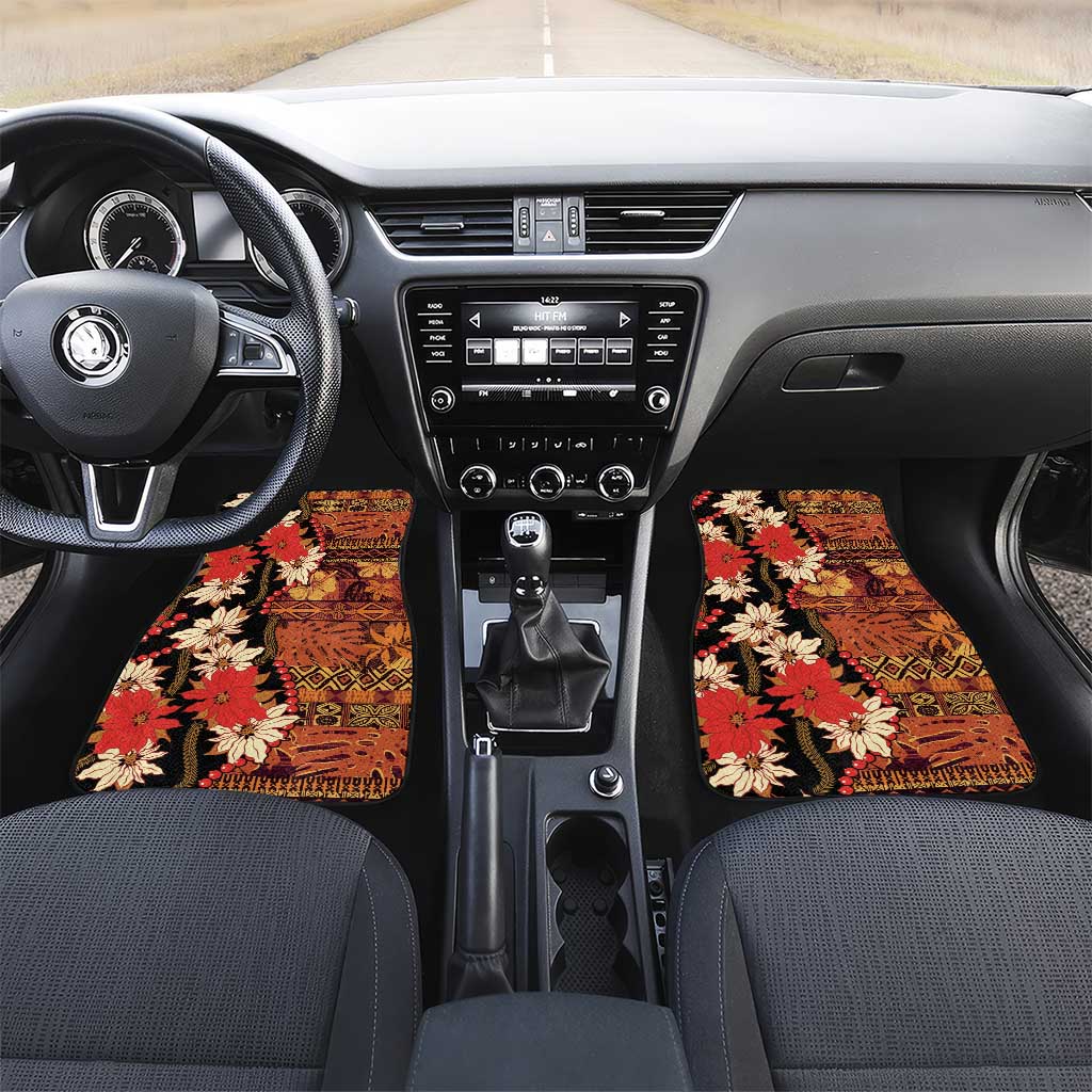 Hawaii Christmas Poinsettia Lei Car Mats Tapa Pattern LT01 Set 2pcs - Front Brown - Polynesian Pride