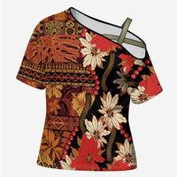 Hawaii Christmas Poinsettia Lei Cross Shoulder Shirt Tapa Pattern LT01 Female Brown - Polynesian Pride