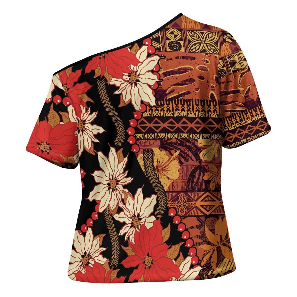 Hawaii Christmas Poinsettia Lei Cross Shoulder Shirt Tapa Pattern LT01 - Polynesian Pride