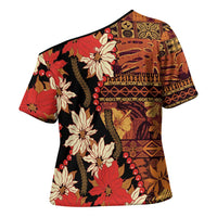 Hawaii Christmas Poinsettia Lei Cross Shoulder Shirt Tapa Pattern LT01 - Polynesian Pride