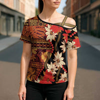 Hawaii Christmas Poinsettia Lei Cross Shoulder Shirt Tapa Pattern LT01 - Polynesian Pride