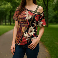 Hawaii Christmas Poinsettia Lei Cross Shoulder Shirt Tapa Pattern LT01 - Polynesian Pride