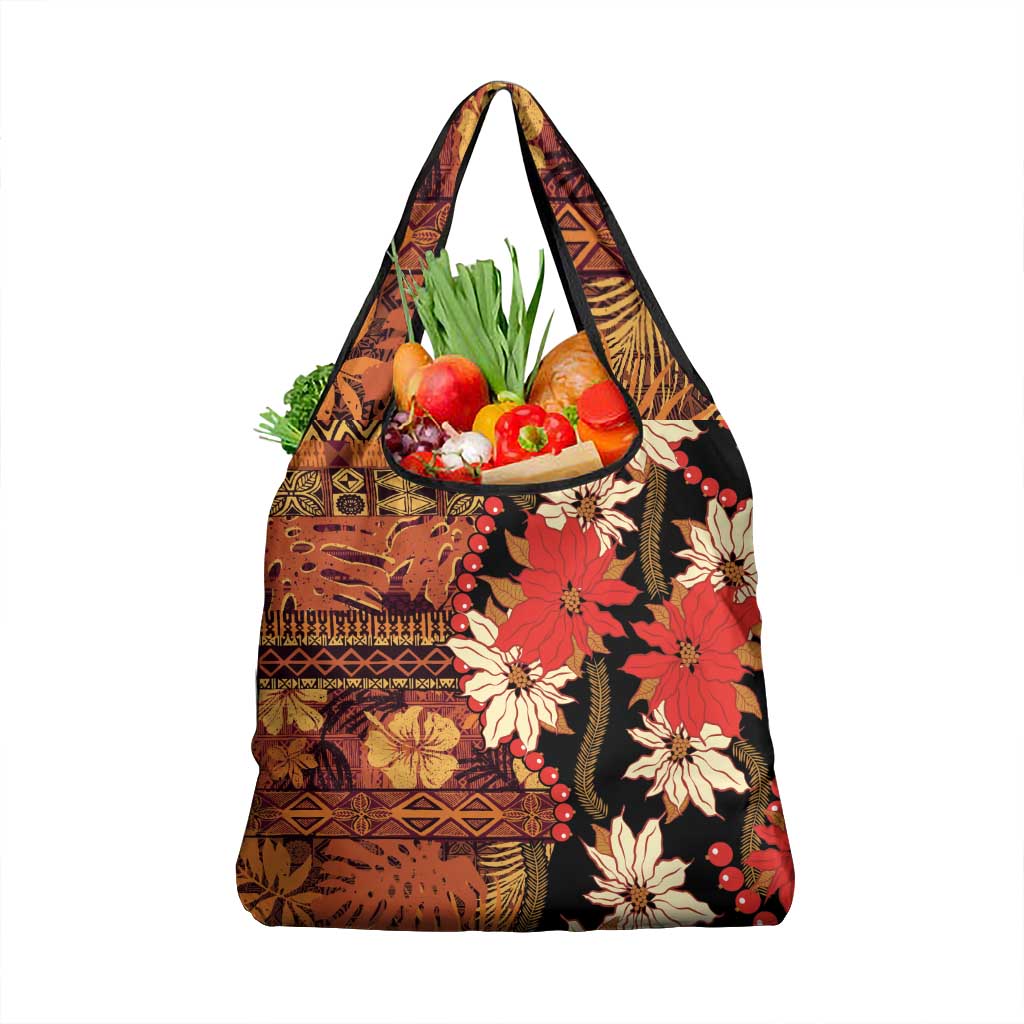 Hawaii Christmas Poinsettia Lei Grocery Bag Tapa Pattern LT01 1-pack One Size Brown - Polynesian Pride
