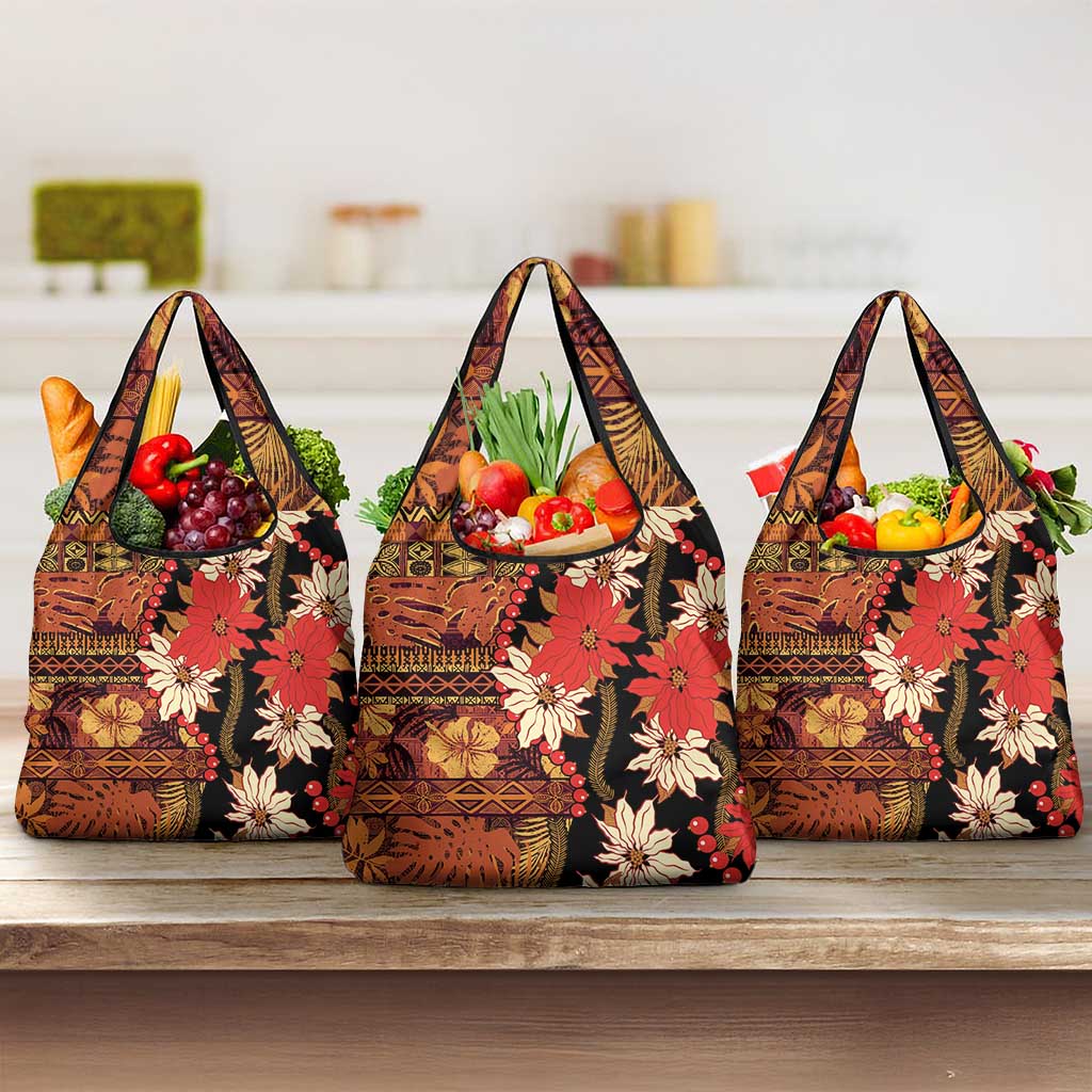Hawaii Christmas Poinsettia Lei Grocery Bag Tapa Pattern LT01 3-pack One Size Brown - Polynesian Pride