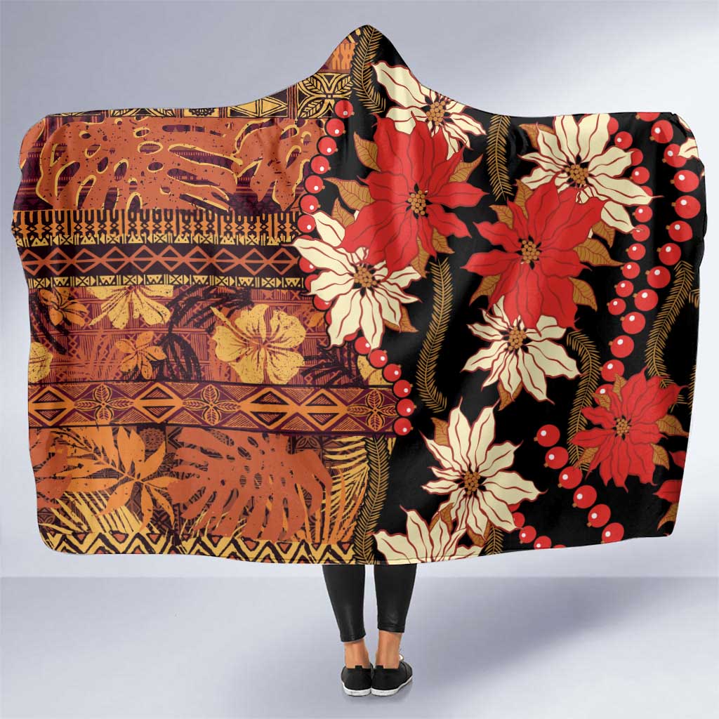 Hawaii Christmas Poinsettia Lei Hooded Blanket Tapa Pattern LT01 One Size Brown - Polynesian Pride