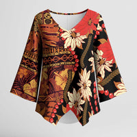 Hawaii Christmas Poinsettia Lei Kimono Sleeve Blouse Tapa Pattern LT01 Female Brown - Polynesian Pride